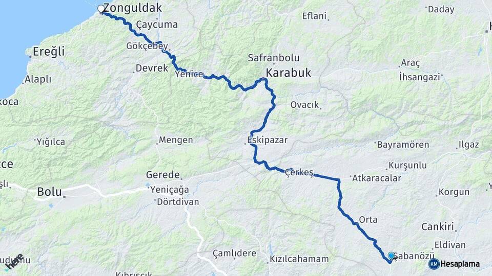 Çankırı Şabanözü Zonguldak Arası Kaç Km - Yol Haritası