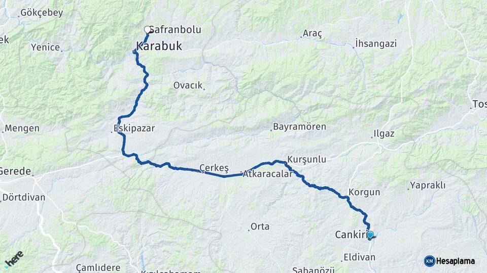 Çankırı Safranbolu Karabük Arası Kaç Km - Yol Haritası