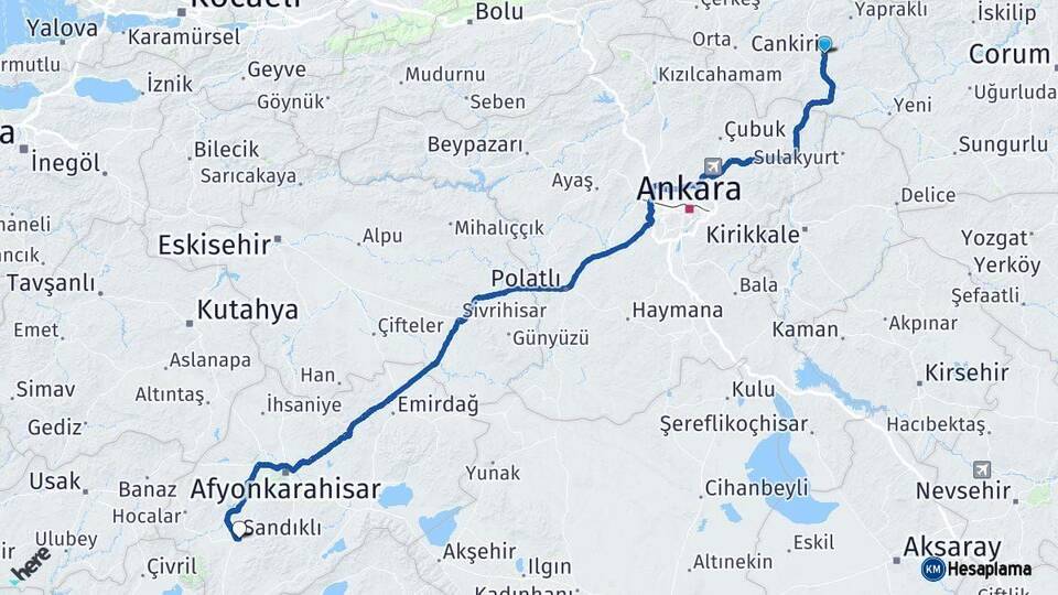 Çankırı Sandıklı Afyonkarahisar Arası Kaç Km - Yol Haritası