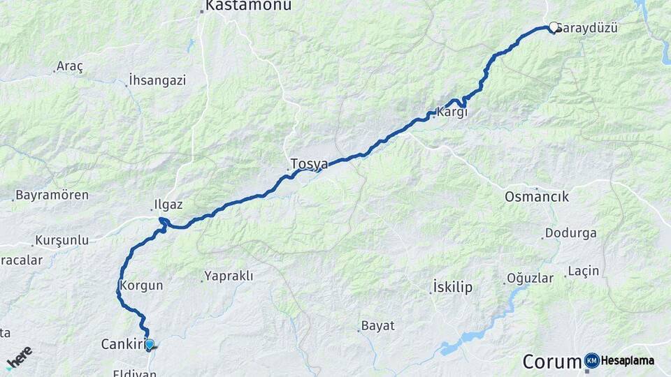 Çankırı Saraydüzü Sinop Arası Kaç Km - Yol Haritası