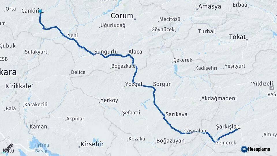 Çankırı Şarkışla Sivas Arası Kaç Km - Yol Haritası