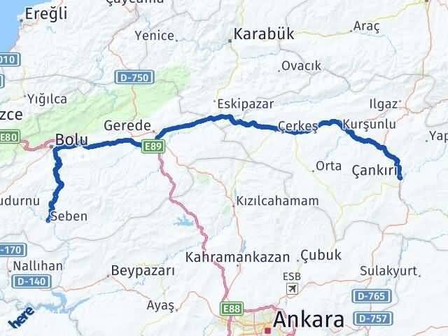 Çankırı Seben Bolu Arası Kaç Km - Yol Haritası