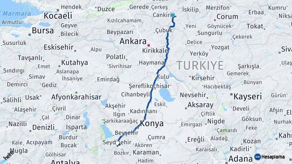 Çankırı Seydişehir Konya Arası Kaç Km - Yol Haritası