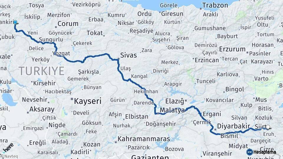Çankırı Siirt Arası Kaç Km - Yol Haritası