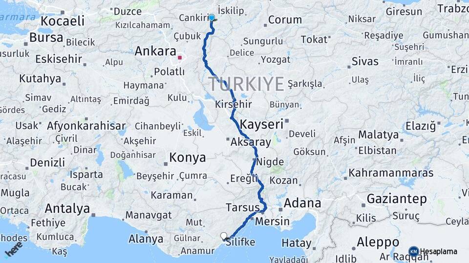 Çankırı Silifke Mersin Arası Kaç Km - Yol Haritası