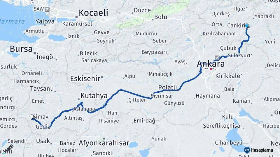 Çankırı Simav Kütahya Arası Kaç Km - Yol Haritası