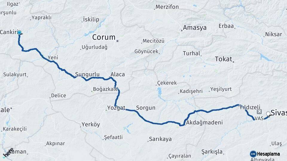 Çankırı Sivas Arası Kaç Km - Yol Haritası