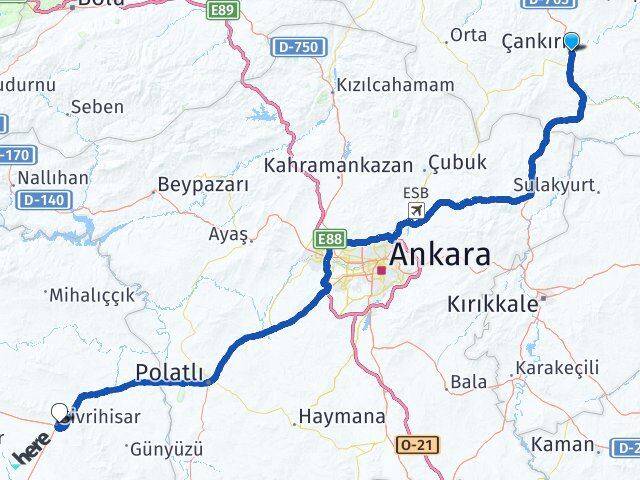 Çankırı Sivrihisar Eskişehir Arası Kaç Km - Yol Haritası