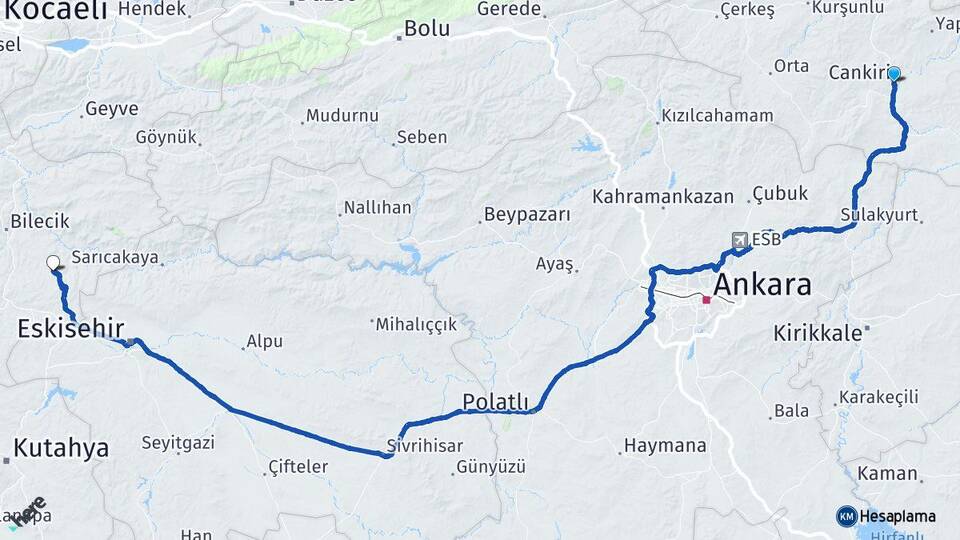 Çankırı Söğüt Bilecik Arası Kaç Km - Yol Haritası