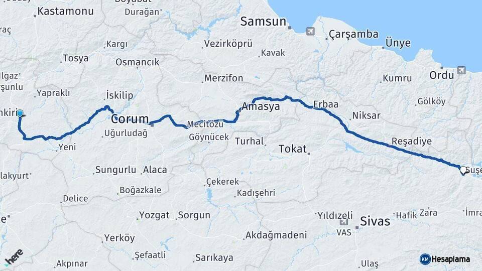 Çankırı Suşehri Sivas Arası Kaç Km - Yol Haritası