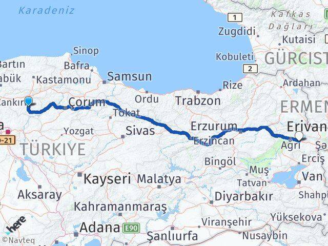 Çankırı Taşlıçay Ağrı Arası Kaç Km - Yol Haritası