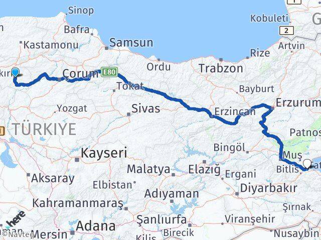 Çankırı Tatvan Bitlis Arası Kaç Km - Yol Haritası