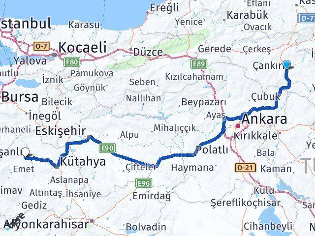 Çankırı Tavşanlı Kütahya Arası Kaç Km - Yol Haritası