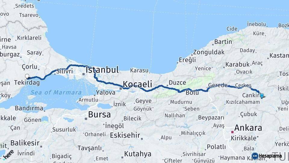 Çankırı Tekirdağ Arası Kaç Km - Yol Haritası