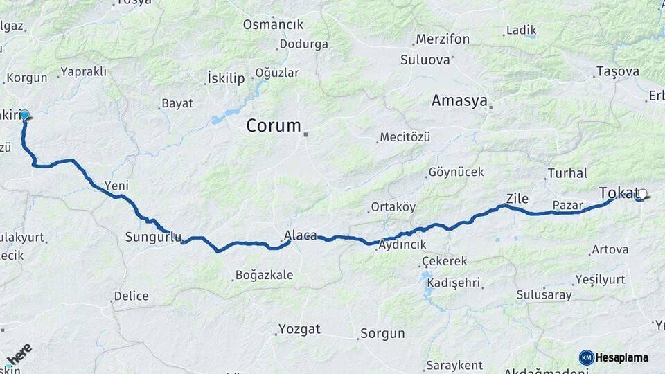 Çankırı Tokat Arası Kaç Km - Yol Haritası