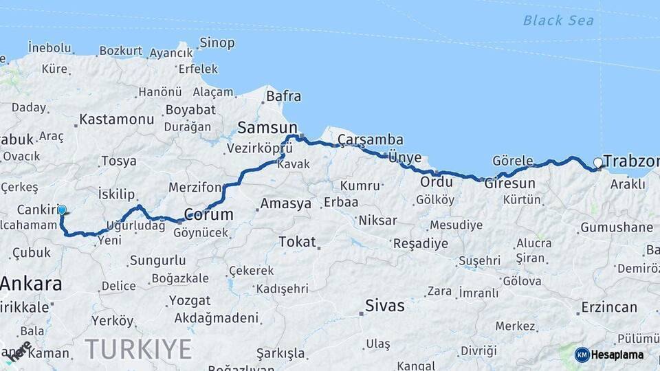 Çankırı Trabzon Arası Kaç Km - Yol Haritası