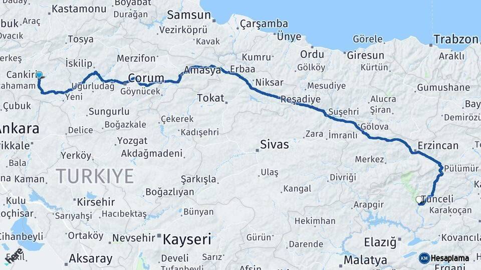 Çankırı Tunceli Arası Kaç Km - Yol Haritası