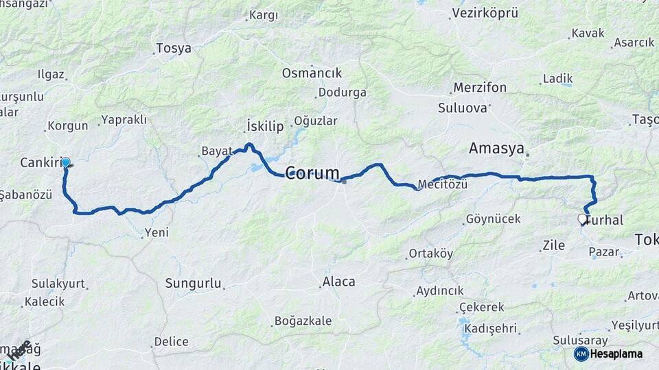 Çankırı Turhal Tokat Arası Kaç Km - Yol Haritası