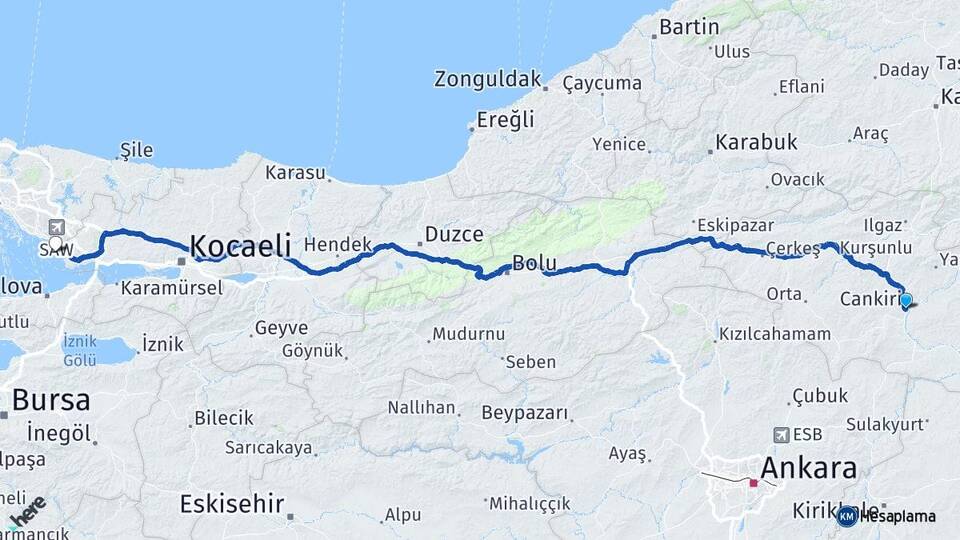Çankırı Tuzla İstanbul Arası Kaç Km - Yol Haritası