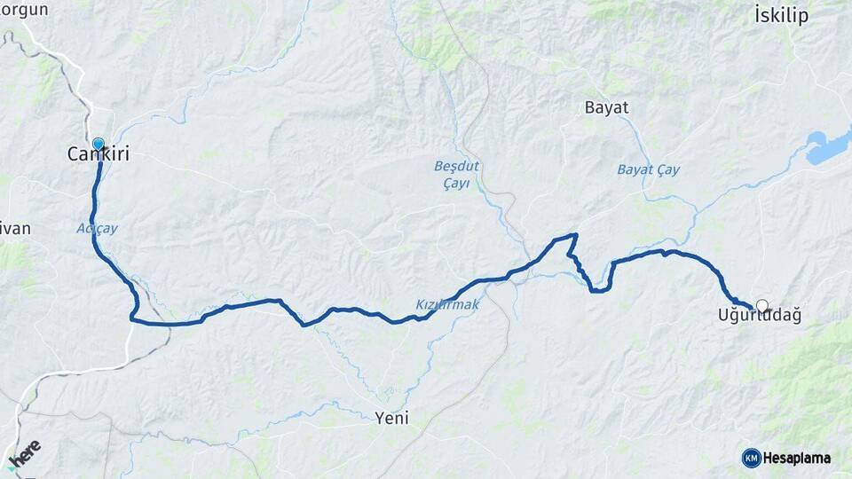 Çankırı Uğurludağ Çorum Arası Kaç Km - Yol Haritası