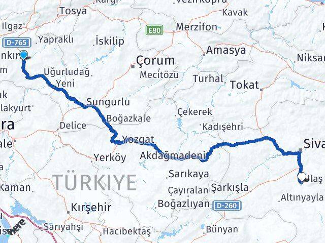 Çankırı Ulaş Sivas Arası Kaç Km - Yol Haritası