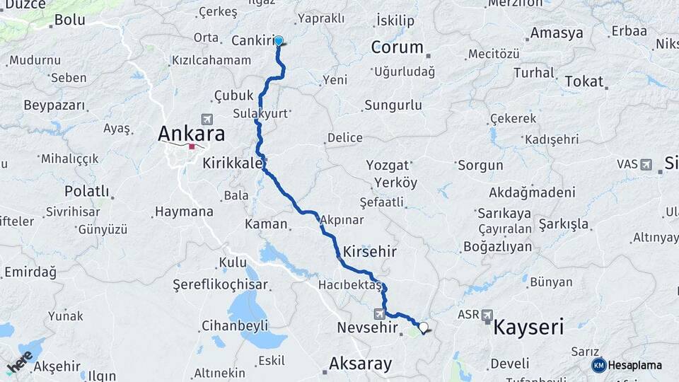 Çankırı Ürgüp Nevşehir Arası Kaç Km - Yol Haritası