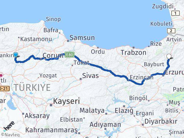 Çankırı Uzundere Erzurum Arası Kaç Km - Yol Haritası