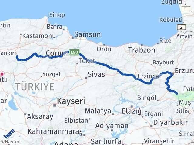 Çankırı Varto Muş Arası Kaç Km - Yol Haritası