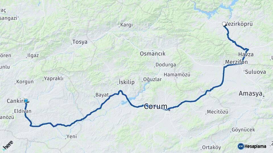 Çankırı Vezirköprü Samsun Arası Kaç Km - Yol Haritası