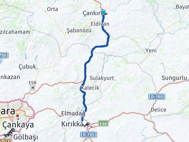 Çankırı Yahşihan Kırıkkale Arası Kaç Km - Yol Haritası