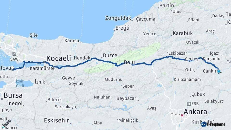 Çankırı Yalova Arası Kaç Km - Yol Haritası