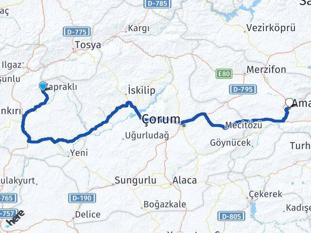 Çankırı Yapraklı Amasya Arası Kaç Km - Yol Haritası
