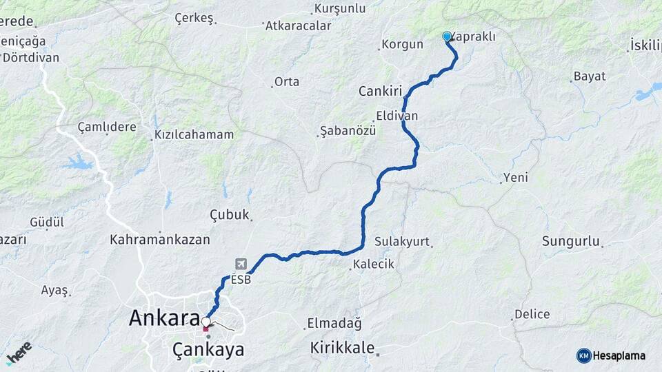 Çankırı Yapraklı Ankara Arası Kaç Km - Yol Haritası