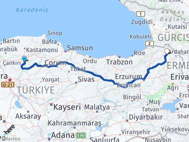 Çankırı Yapraklı Ardahan Arası Kaç Km - Yol Haritası