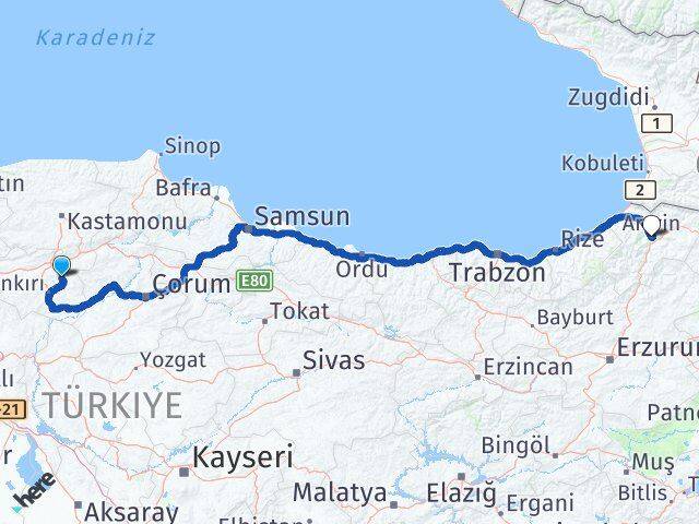 Çankırı Yapraklı Artvin Arası Kaç Km - Yol Haritası