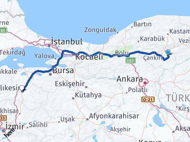 Çankırı Yapraklı Balıkesir Arası Kaç Km - Yol Haritası