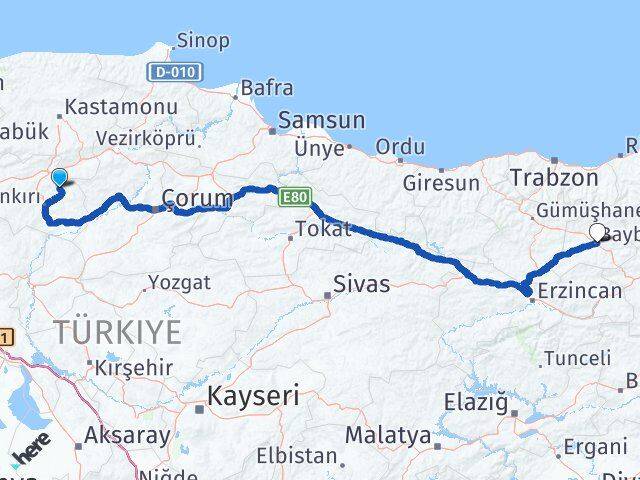 Çankırı Yapraklı Bayburt Arası Kaç Km - Yol Haritası