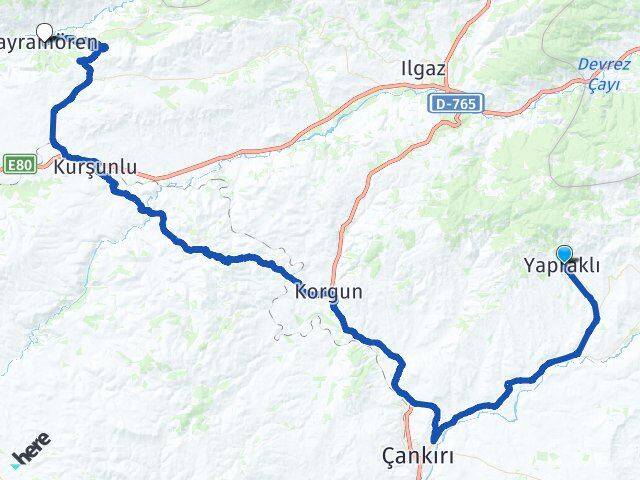 Çankırı Yapraklı Bayramören Arası Kaç Km - Yol Haritası