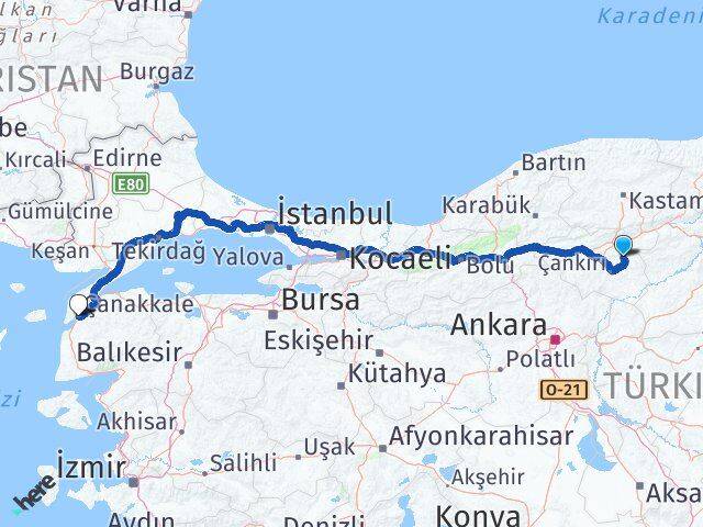 Çankırı Yapraklı Çanakkale Arası Kaç Km - Yol Haritası