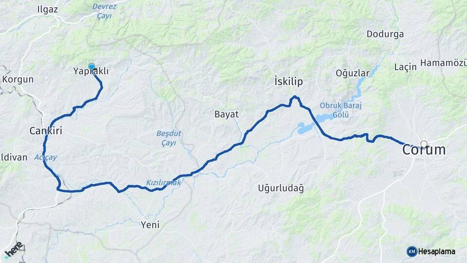 Çankırı Yapraklı Çorum Arası Kaç Km - Yol Haritası