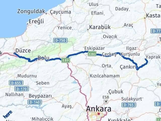 Çankırı Yapraklı Düzce Arası Kaç Km - Yol Haritası