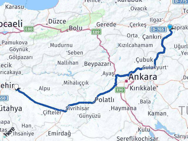 Çankırı Yapraklı Eskişehir Arası Kaç Km - Yol Haritası