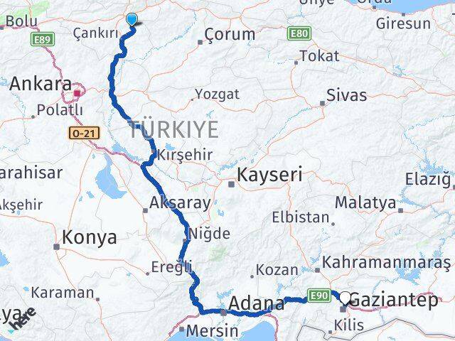 Çankırı Yapraklı Gaziantep Arası Kaç Km - Yol Haritası