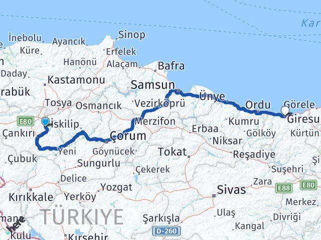 Çankırı Yapraklı Giresun Arası Kaç Km - Yol Haritası