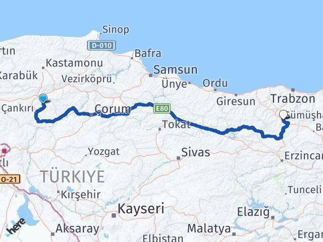 Çankırı Yapraklı Gümüşhane Arası Kaç Km - Yol Haritası