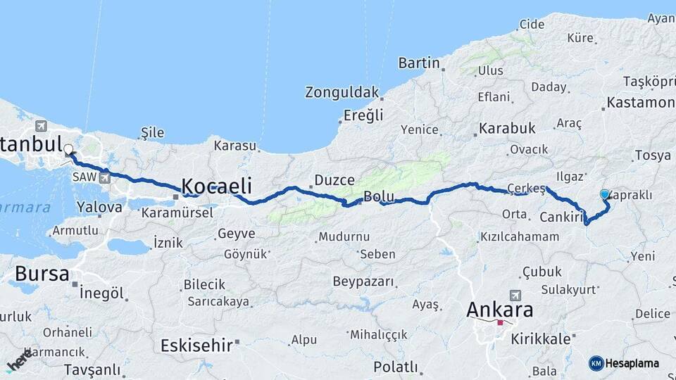 Çankırı Yapraklı İstanbul Arası Kaç Km - Yol Haritası