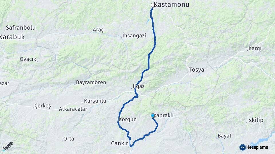 Çankırı Yapraklı Kastamonu Arası Kaç Km - Yol Haritası