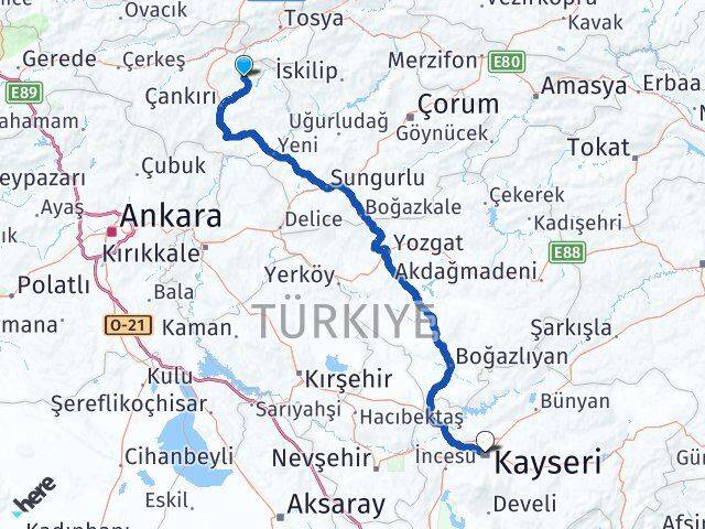 Çankırı Yapraklı Kayseri Arası Kaç Km - Yol Haritası