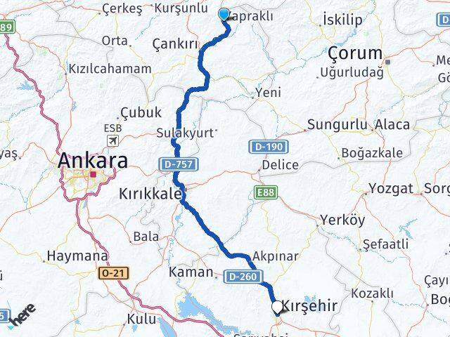 Çankırı Yapraklı Kırşehir Arası Kaç Km - Yol Haritası