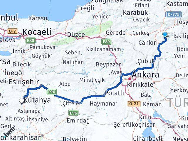 Çankırı Yapraklı Kütahya Arası Kaç Km - Yol Haritası